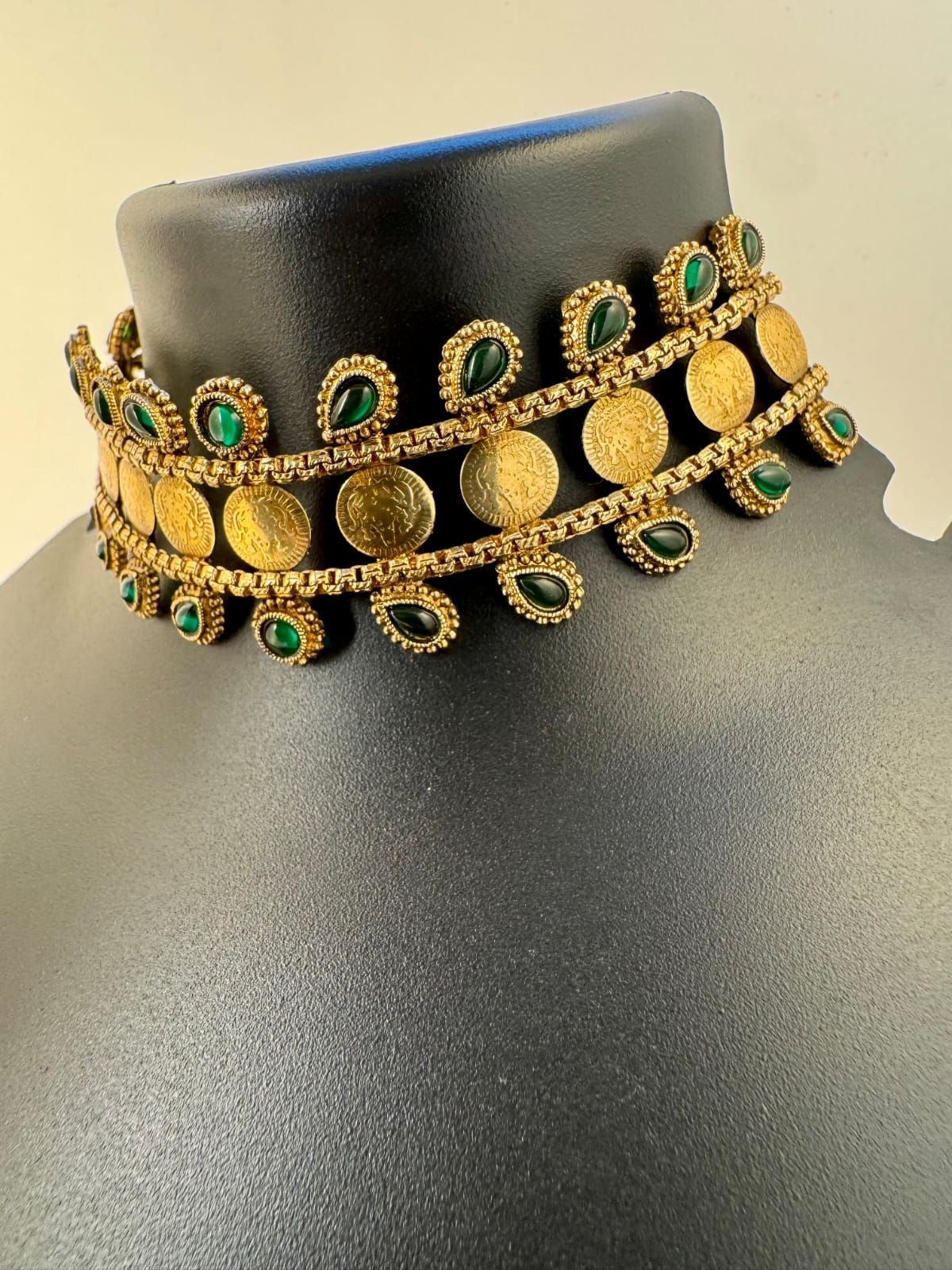 Antique Gold Coin Choker Necklace with Green Stones